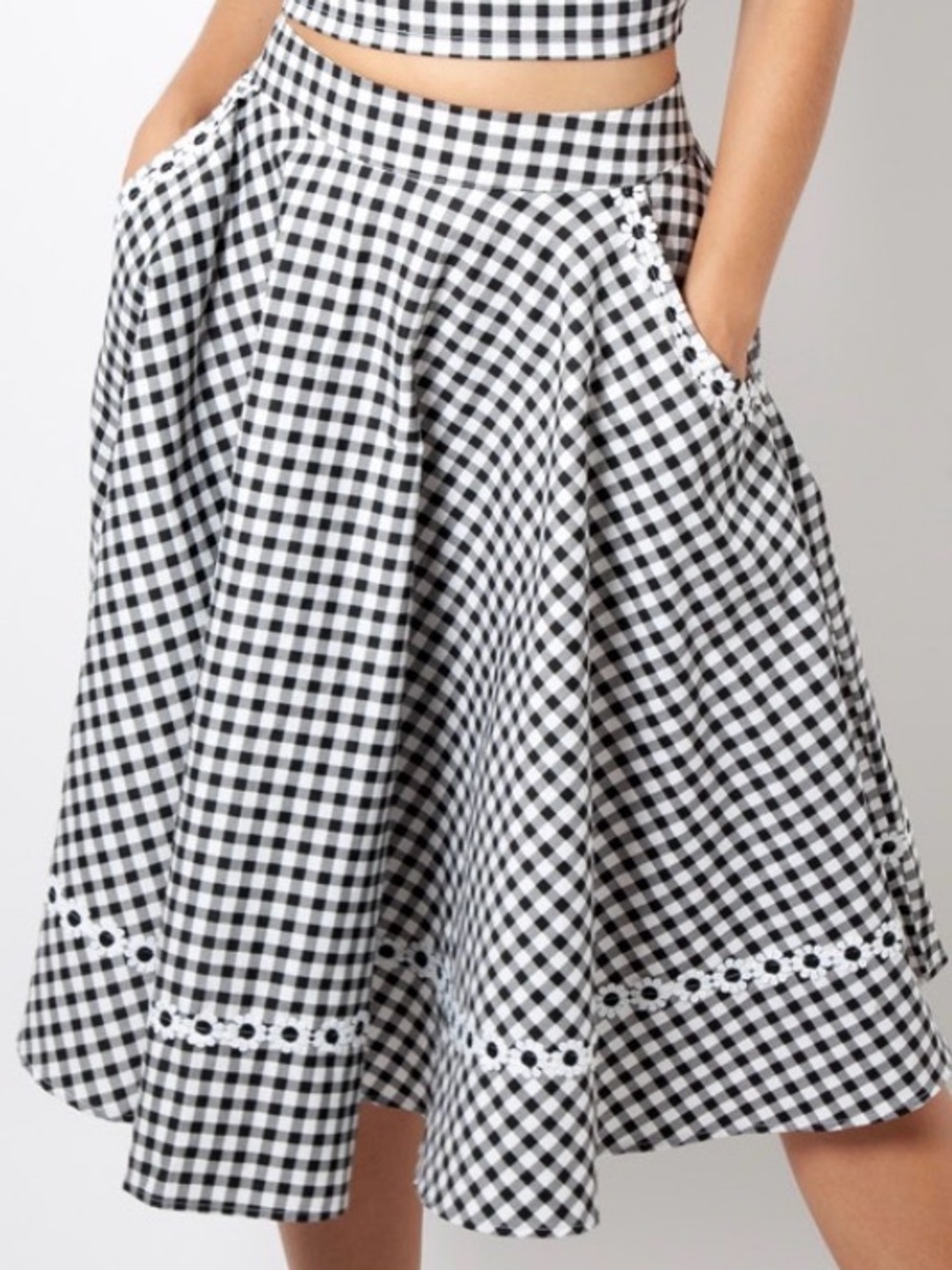 Voodoo Vixen Daisy Trim Gingham Midi Skirt Rockabilly Pin-Up Black White Size L
